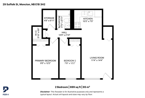 Floor plan for 2 beds, 1 bath, 699 sqft